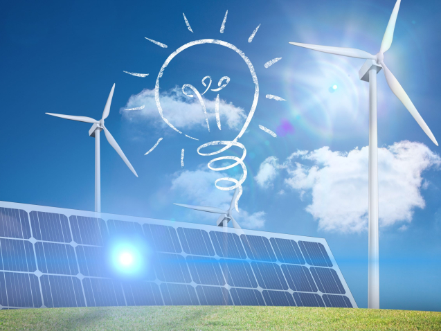 composite of solar panel and wind turbine graphic on green field background with lightbulb